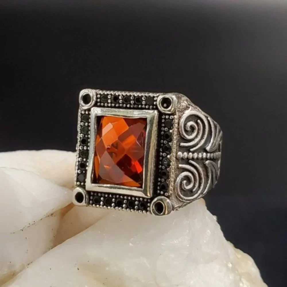 Men's Jewelry Solid Silver 925 Ring Natural Garnet/Black Topaz Man